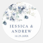 Elegant Stoffig Blauw Winter Foliage Boho Bruiloft Ronde Sticker (Voorkant)