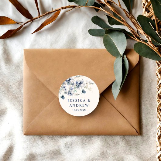 Elegant Stoffig Blauw Winter Foliage Boho Bruiloft Ronde Sticker