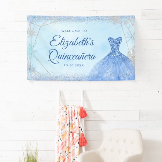 Elegant Stoffig Blauw Winter Sneeuwvlok Quinceañer Spandoek (Insitu)