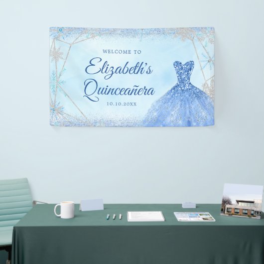 Elegant Stoffig Blauw Winter Sneeuwvlok Quinceañer Spandoek (Beurs)