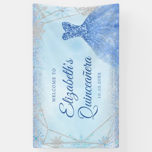 Elegant Stoffig Blauw Winter Sneeuwvlok Quinceañer Spandoek (Verticaal)