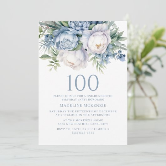 Elegant Stoffig Blauw Wit Bloemen 100ste Verjaarda Kaart (Staand voorkant)