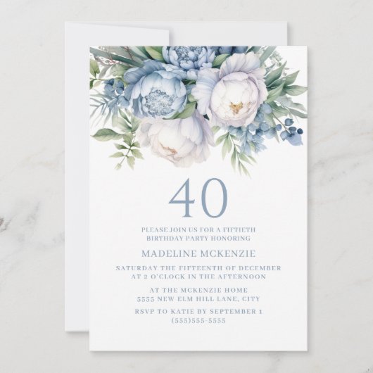 Elegant Stoffig Blauw Wit Bloemen 40ste Verjaardag Kaart (Voorkant)