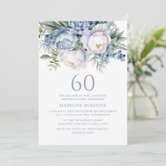 Elegant Stoffig Blauw Wit Bloemen 60ste Verjaardag Kaart (Staand voorkant)