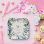 Elegant Stoffig Blauw Wit Bloemen 60ste Verjaardag Papieren Bordje (Feest)