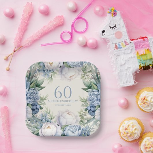 Elegant Stoffig Blauw Wit Bloemen 60ste Verjaardag Papieren Bordje (Feest)