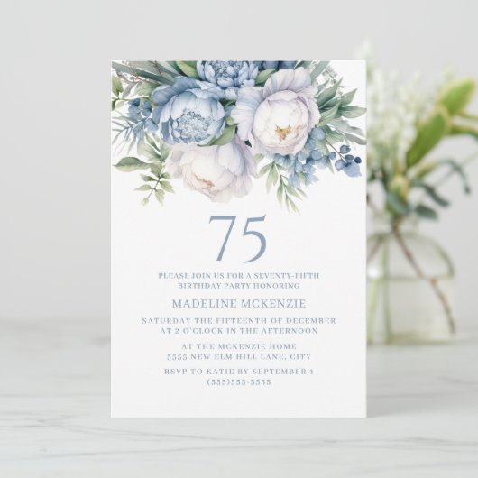 Elegant Stoffig Blauw Wit Bloemen 75e Verjaardag Kaart (Staand voorkant)