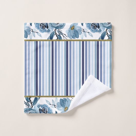 Elegant stoffig blauw wit bloemenstreep monogram bad handdoek (Wasdoekje)
