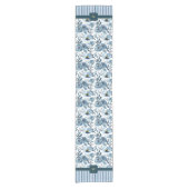 Elegant stoffig blauw & wit bloemenstreep monogram korte tafelloper (Voorkant)