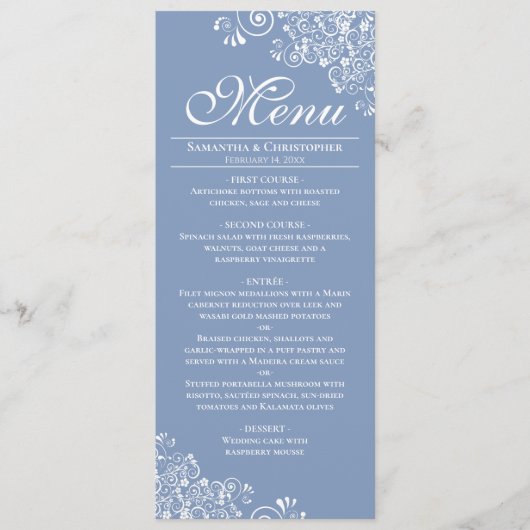 Elegant Stoffig Blauw & Wit Frilly Hoeken Bruiloft Menu (Voorkant)