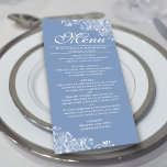 Elegant Stoffig Blauw & Wit Frilly Hoeken Bruiloft Menu<br><div class="desc">Dit mooie stoffige blauwe of maagdenpalmkleurige menu voegt wat stijl toe aan uw huwelijksreceptie. Het heeft een eenvoudig maar mooi ontwerp met elegante letters en decoratieve witte krullen en wervelingen in de hoeken. Er is ruimte voor de namen van het paar en de trouwdatum, en de tekst is volledig aanpasbaar....</div>