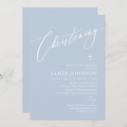 Elegant Stoffig Blauw Wit Kruis Jongen Doopsel Kaart (Voorkant / Achterkant)