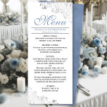 Elegant Stoffig Blauw Zilver wervelt op Witte Brui Menu<br><div class="desc">Dit prachtige menu zal wat stijl toevoegen aan uw huwelijksreceptie. Het heeft een prachtig ontwerp met zilvergrijze faux folie krullen en wervelingen op een klassieke witte achtergrond, met stoffige blauwe tekst en een gemarmerde stoffige blauwe achterkant. Er is ruimte voor de namen van het paar en de trouwdatum, en de...</div>