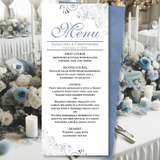 Elegant Stoffig Blauw Zilver wervelt op Witte Brui Menu