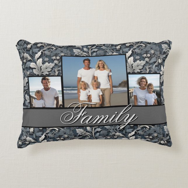 Elegant stoffig blauw zilver wit grijs bloemen accent kussen (Voorkant)