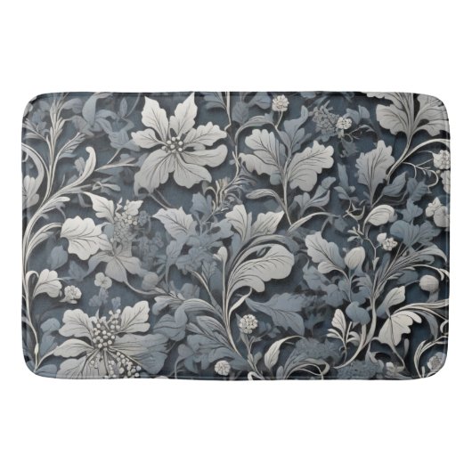 Elegant stoffig blauw zilver wit grijs bloemen badmat (Voorkant)