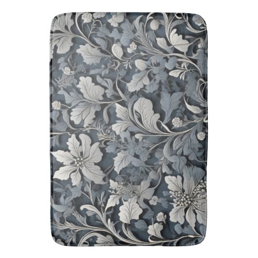 Elegant stoffig blauw zilver wit grijs bloemen badmat (Voorkant Verticaal)