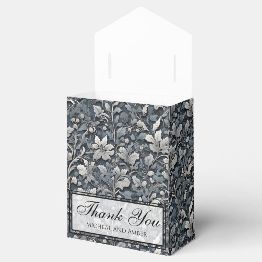 Elegant stoffig blauw zilver wit grijs bloemen bedankdoosjes (Geopend)
