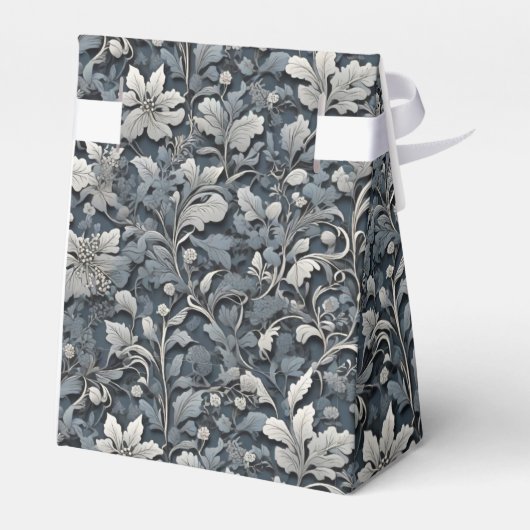 Elegant stoffig blauw zilver wit grijs bloemen bedankdoosjes (Achterkant)