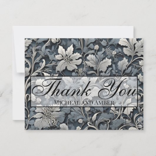 Elegant stoffig blauw zilver wit grijs bloemen bedankkaart (Voorkant)