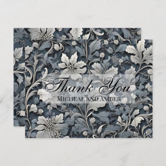 Elegant stoffig blauw zilver wit grijs bloemen bedankkaart (Voorkant / Achterkant)