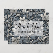 Elegant stoffig blauw zilver wit grijs bloemen bedankkaart (Voorkant / Achterkant)
