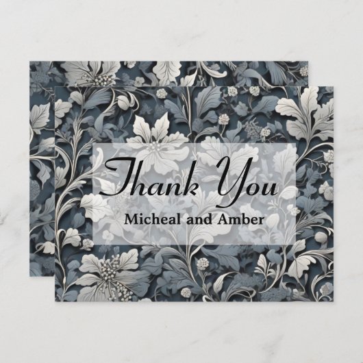 Elegant stoffig blauw zilver wit grijs bloemen bedankkaart (Voorkant / Achterkant)