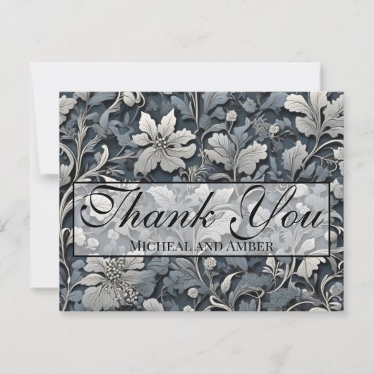 Elegant stoffig blauw zilver wit grijs bloemen bedankkaart (Voorkant)