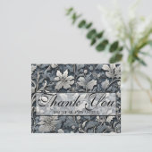 Elegant stoffig blauw zilver wit grijs bloemen bedankkaart (Staand voorkant)