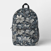 Elegant stoffig blauw zilver wit grijs bloemen bedrukte rugzak (Voorkant)