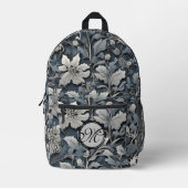 Elegant stoffig blauw zilver wit grijs bloemen bedrukte rugzak (Voorkant)