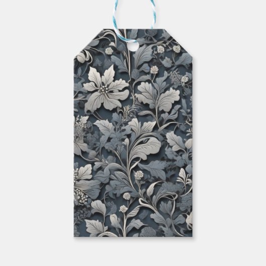 Elegant stoffig blauw zilver wit grijs bloemen cadeaulabel (Voorkant)