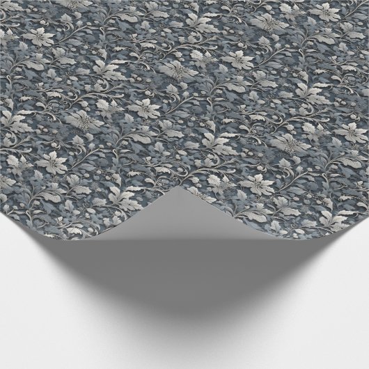 Elegant stoffig blauw zilver wit grijs bloemen cadeaupapier (Hoek)