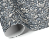 Elegant stoffig blauw zilver wit grijs bloemen cadeaupapier (Rol Hoek)