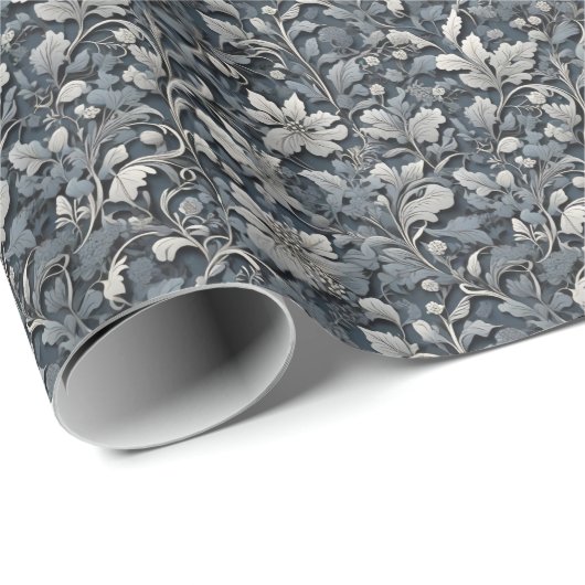 Elegant stoffig blauw zilver wit grijs bloemen cadeaupapier (Rol Hoek)