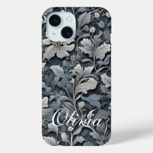 Elegant stoffig blauw zilver wit grijs bloemen iPhone 15 case