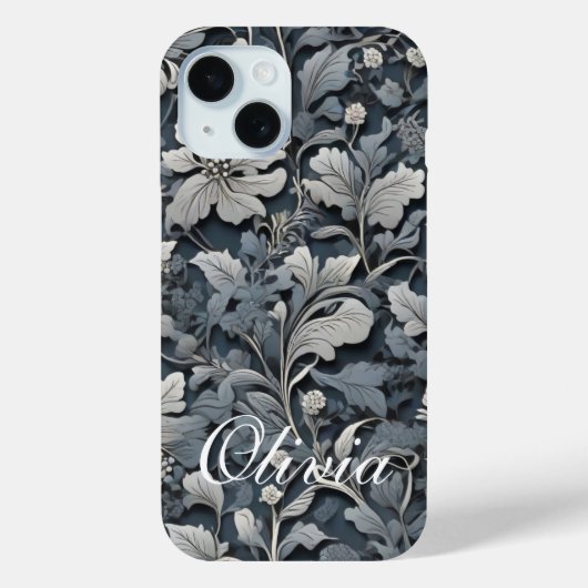 Elegant stoffig blauw zilver wit grijs bloemen Case-Mate iPhone case (Achterkant)