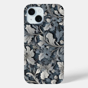 Elegant stoffig blauw zilver wit grijs bloemen iPhone 15 case