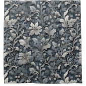 Elegant stoffig blauw zilver wit grijs bloemen douchegordijn (Voorkant)