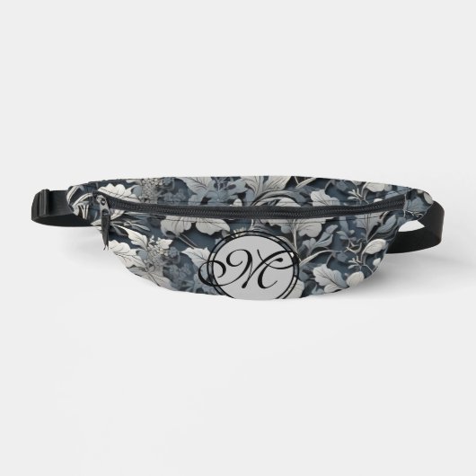 Elegant stoffig blauw zilver wit grijs bloemen heuptasje (Voorkant)