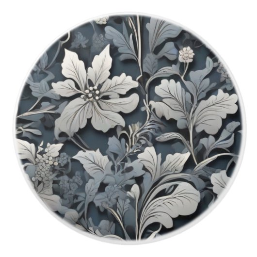 Elegant stoffig blauw zilver wit grijs bloemen keramische knop (Voorkant)