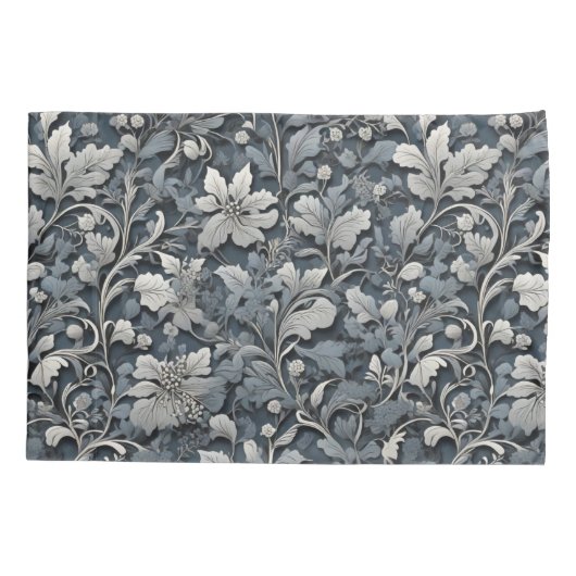 Elegant stoffig blauw zilver wit grijs bloemen kussensloop (Achterkant-Links)