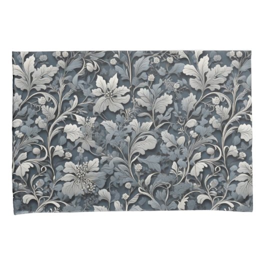 Elegant stoffig blauw zilver wit grijs bloemen kussensloop (Voorkant-Rechts)