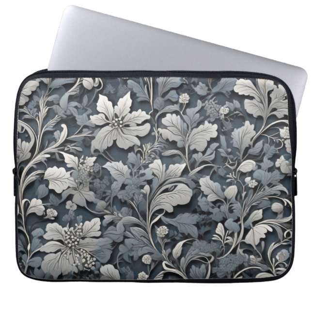 Elegant stoffig blauw zilver wit grijs bloemen laptop sleeve (Voorkant)