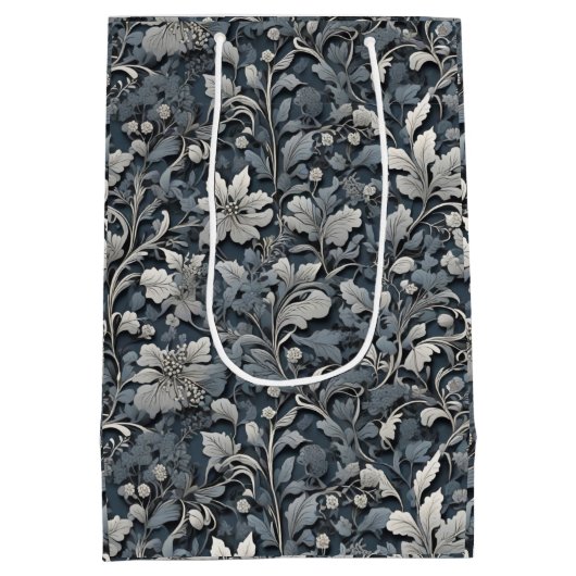 Elegant stoffig blauw zilver wit grijs bloemen medium cadeauzakje (Achterkant)