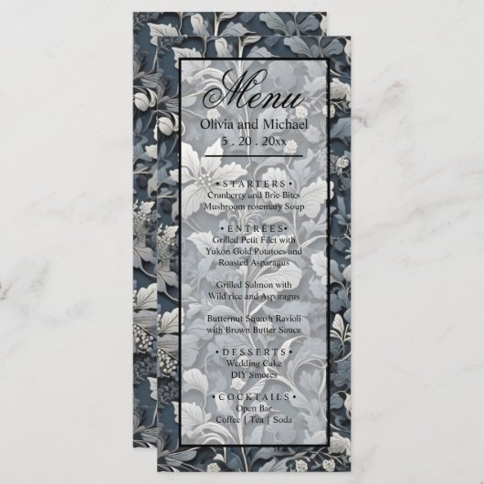 Elegant stoffig blauw zilver wit grijs bloemen menu (Voorkant / Achterkant)