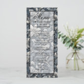 Elegant stoffig blauw zilver wit grijs bloemen menu (Staand voorkant)