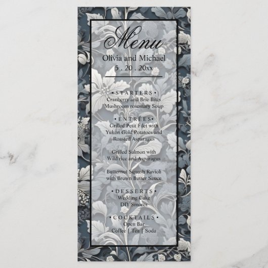 Elegant stoffig blauw zilver wit grijs bloemen menu (Voorkant)