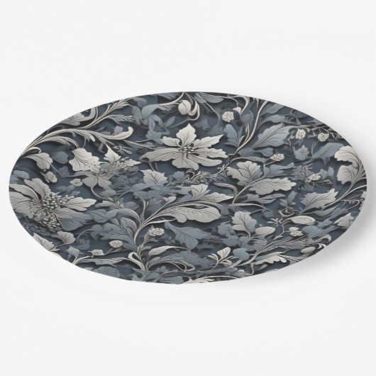 Elegant stoffig blauw zilver wit grijs bloemen papieren bordje (Gekanteld)