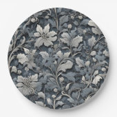 Elegant stoffig blauw zilver wit grijs bloemen papieren bordje (Voorkant)